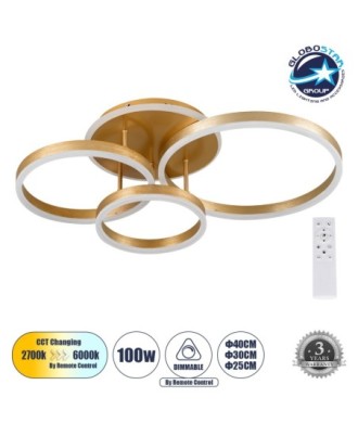 GLOBOSTAR® VENOM 61125 Μοντέρνο Φωτιστικό Οροφής LED 100W 12100lm 360° AC 220-240V IP20 Ρυθμιζόμενο Λευκό CCT με Χειριστήριο από 2700K έως 6000K Dimmable - Lumileds SMD Chip - Χρυσό Βούρτσας - Μ70 x Π40 x Υ16cm - 3 Χρόνια Εγγύηση